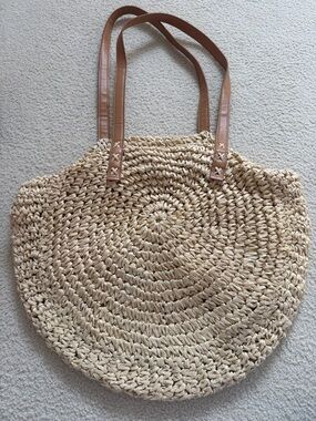 Woven Round Straw Tote with Brown Handles